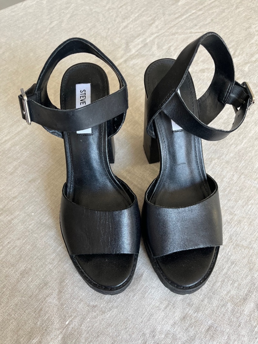 Steve Madden black leather block heel sandals, size 38 / US 8